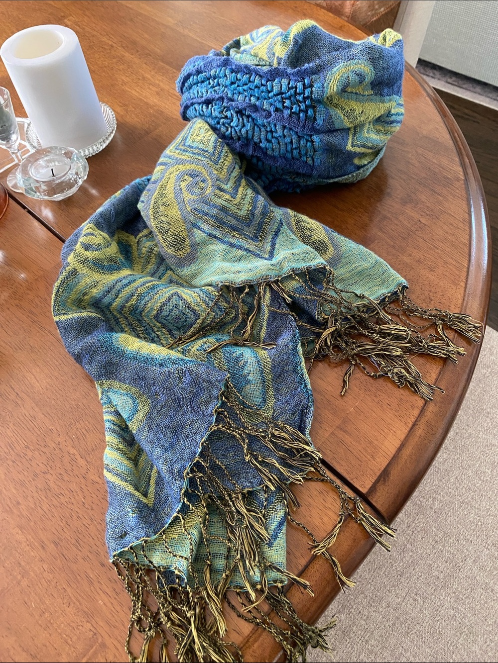 Blue & Green Patterned Woven Scarf with Fringe